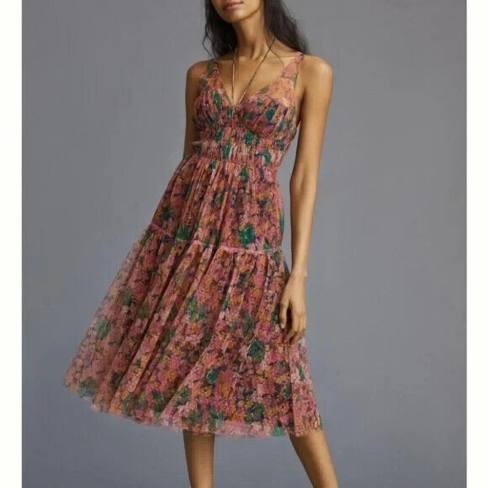 ANTHROPOLOGIE Dress Maeve Floral Midi Mesh Sheer Sleeveless Cocktail Pink Small